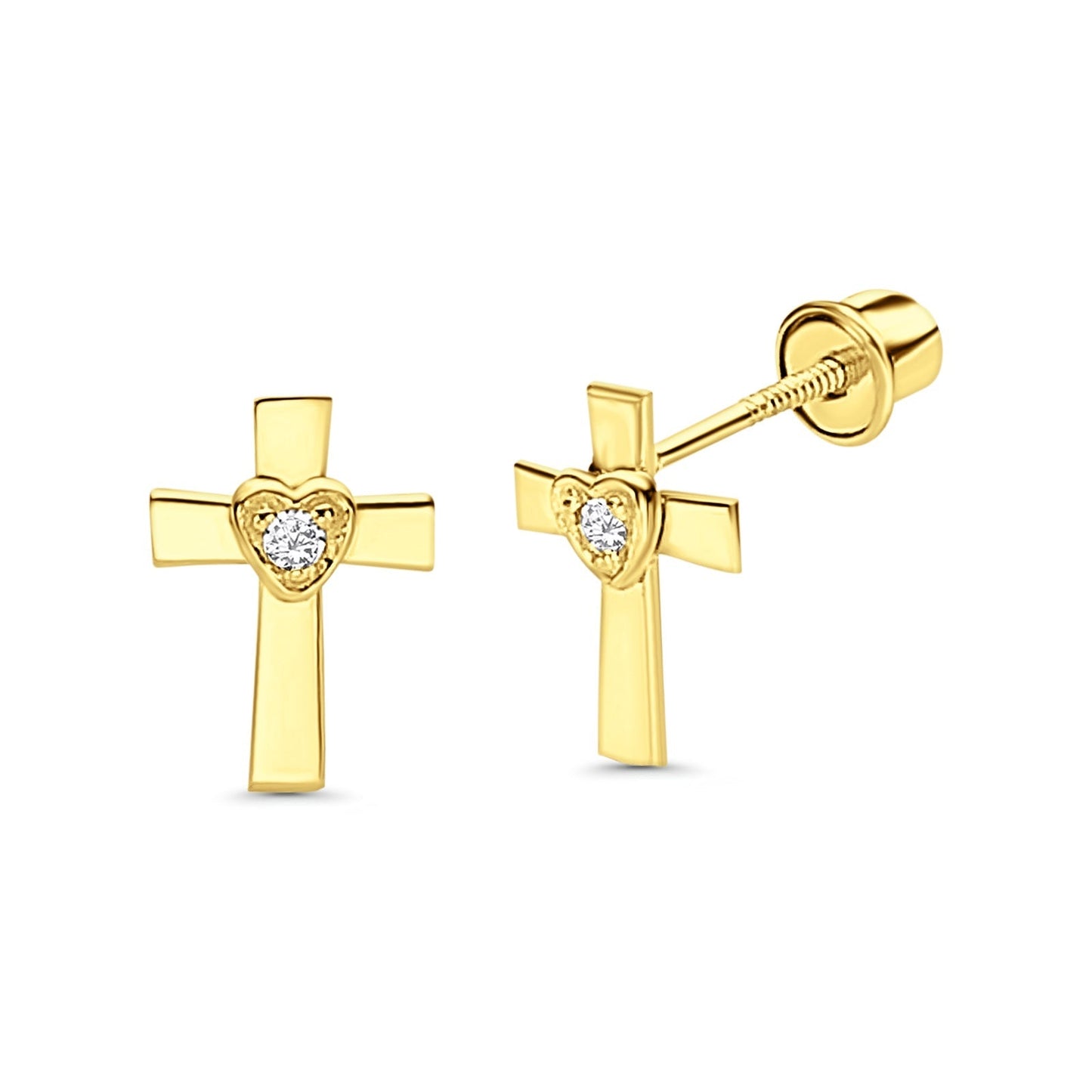 14K Gold Cross Heart Stud Earrings