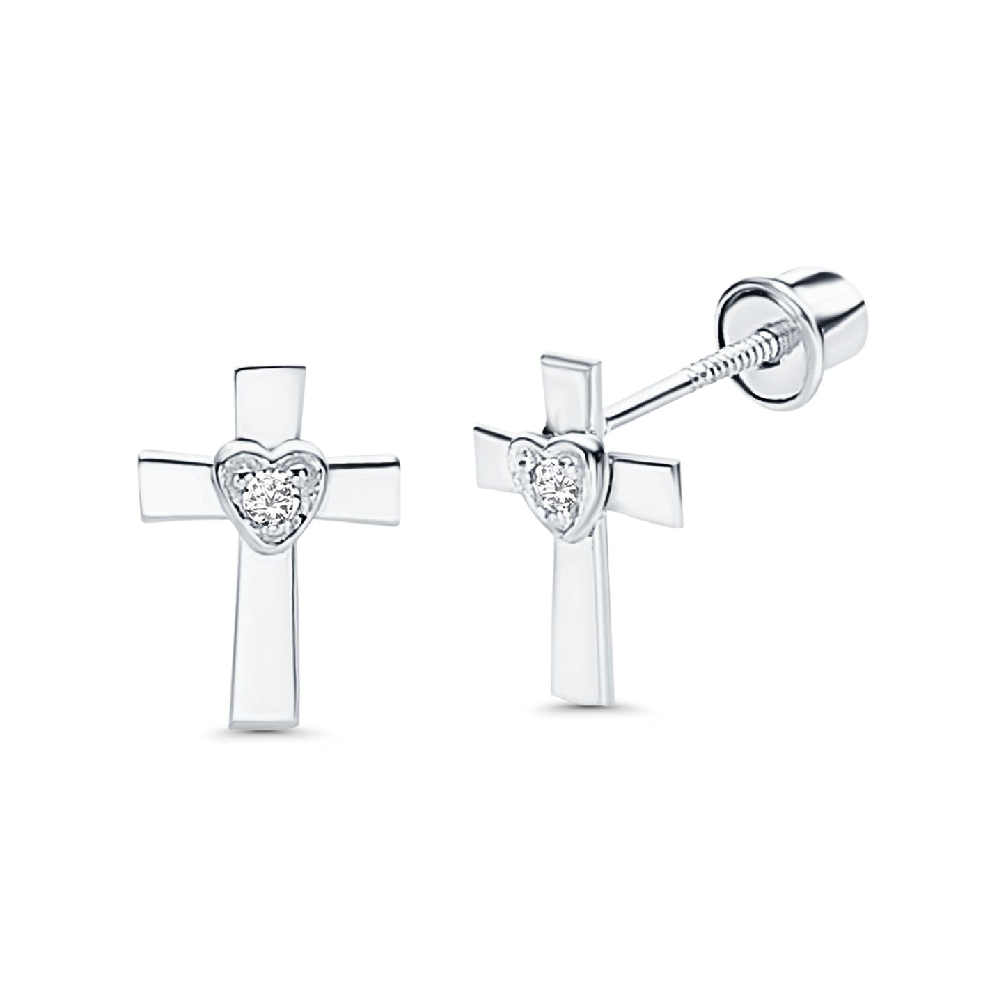 14K White Gold Cross Heart Stud Earrings