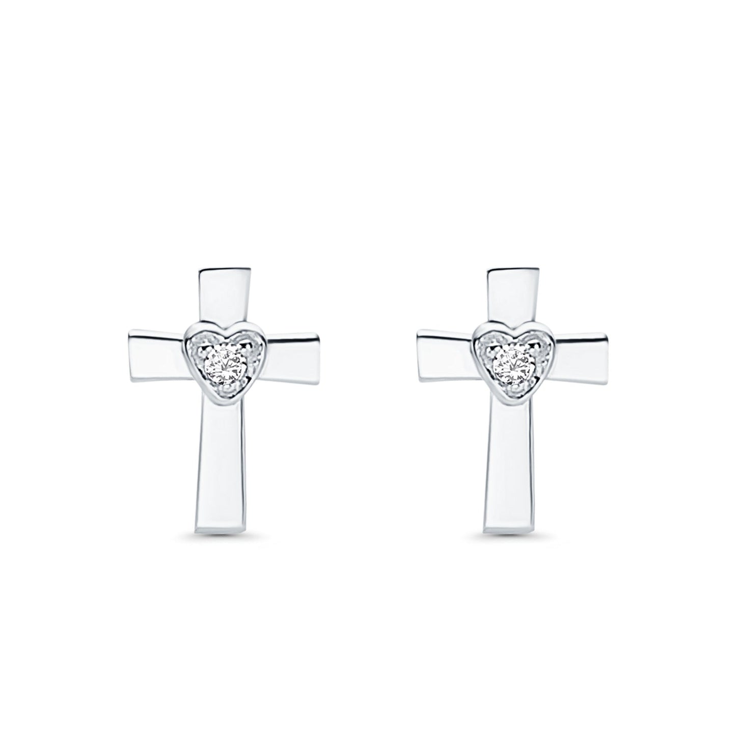 14K White Gold Cross Heart Stud Earrings