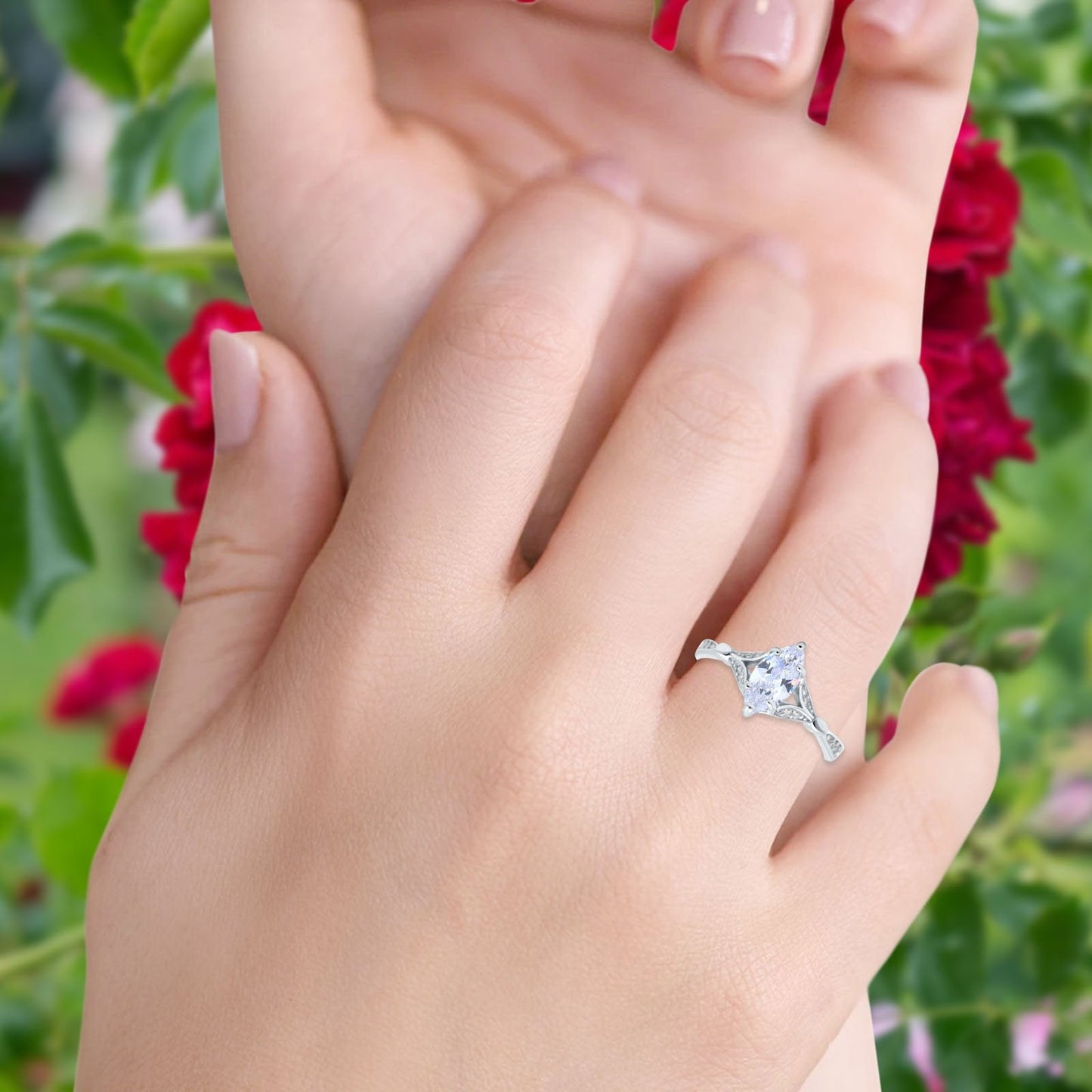 14K White Gold Marquise Art Deco Zirconia Ring