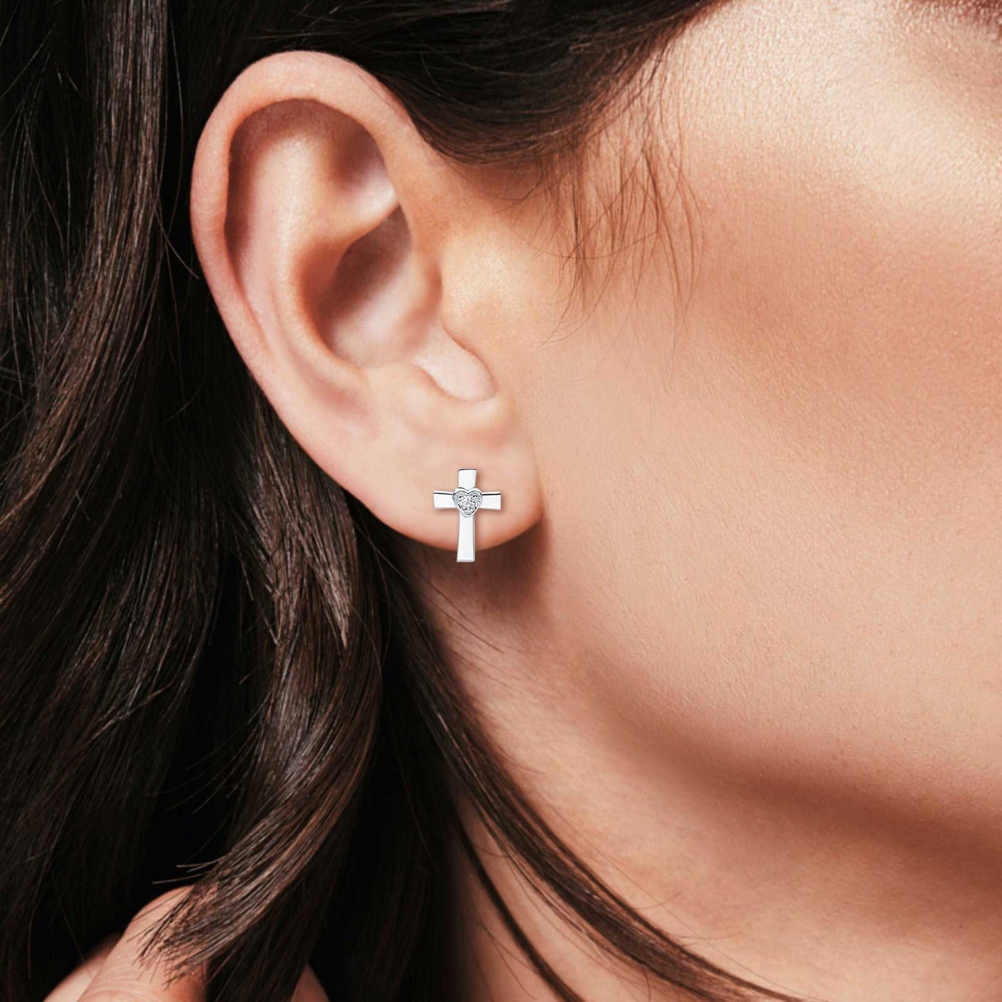 14K White Gold Cross Heart Stud Earrings