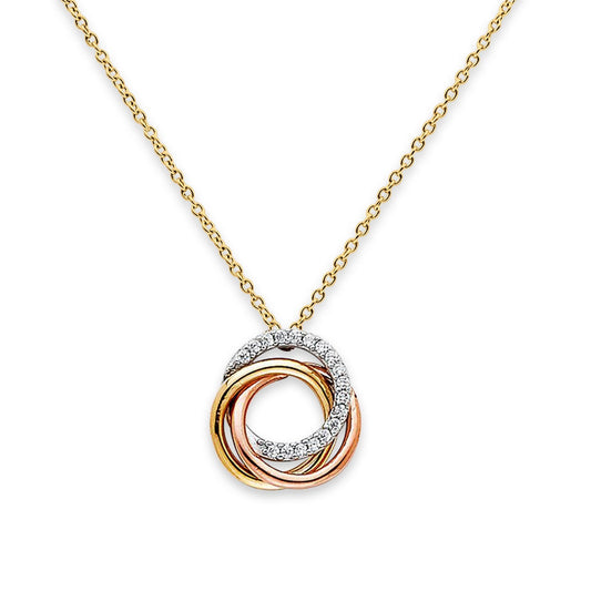 14K Tri Color Gold Zirconia Triple Rings Necklace