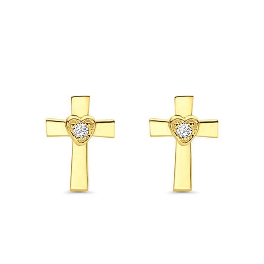 14K Gold Cross Heart Stud Earrings